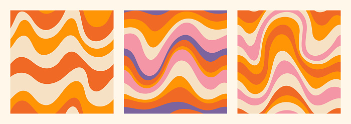 Groovy Waves Seamless Patterns Set. Psychedelic Abstract Curved Vector Background in 1970s Hippie Retro Style for Print on Textile, Wrapping Paper, Web Design. Pink, Orange, Beige Colors.