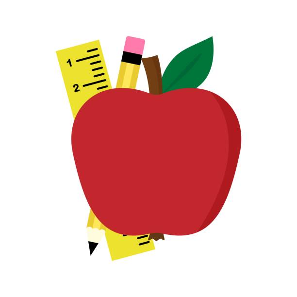 illustrations, cliparts, dessins animés et icônes de illustration vectorielle de l’école avec pomme, crayon ou crayon, ligne isol�ée sur fond blanc. icône plate de l’éducation, modèle, éléments graphiques pour l’école, remise des diplômes, affiche de la journée des enseignants. - pomme