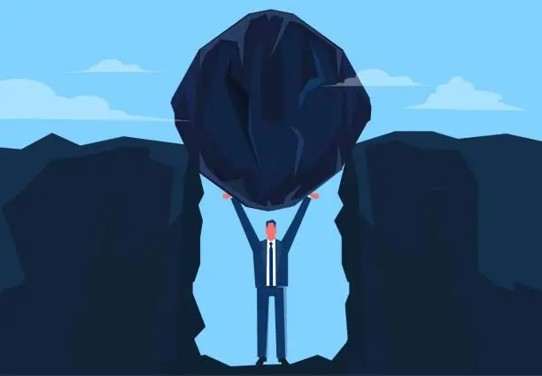 Vector illustration of Trapped or punished, stressful problems, burdens or difficulties, struggling with adversity, businessmen trapped at the bottom of a cliff and with a huge stone pressed against their heads