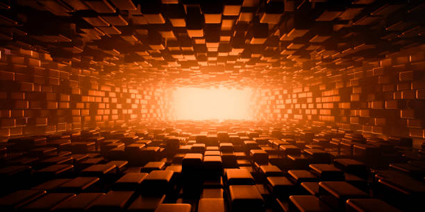 istock 3d abstract black tunnel background from squares and rectangles with bright light at the end. Futuristic corridor with depth and perspective. 3d rendering illustration. 1483708379