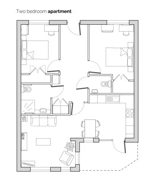 Vector illustration of Two bedroom apartment floor plan. Top view flat vector illustration. Interior architecture.