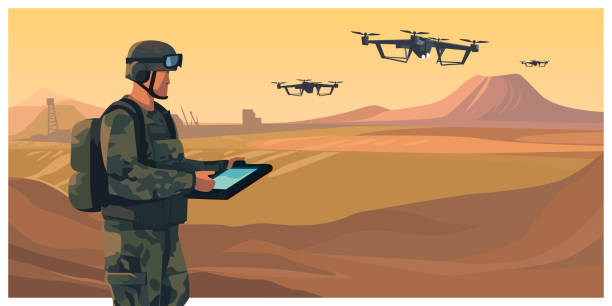 istock Soldier operating of flying drone quadrocopter at sunset. Modern technology army military man with tablet controls an unmanned aerial vehicle. Flat vector illustration 1483709179