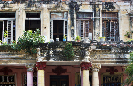 Vedado district in Havana, typical colonial old destroyed house