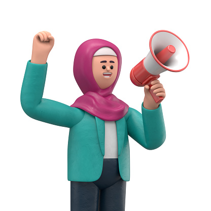 3D illustration of smiling Arab women Ghaliyah holding a speaker. Cute smiling businessman announcing over the loudspeaker by raising his hand, isolated on white background. Business advertising concept.
