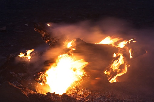 A fallen log burns on the forest floor in a forest fire near Flagstaff, Arizona.