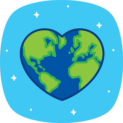 Vector illustration of a hand drawn, heart shaped planet Earth against a blue background with stars.