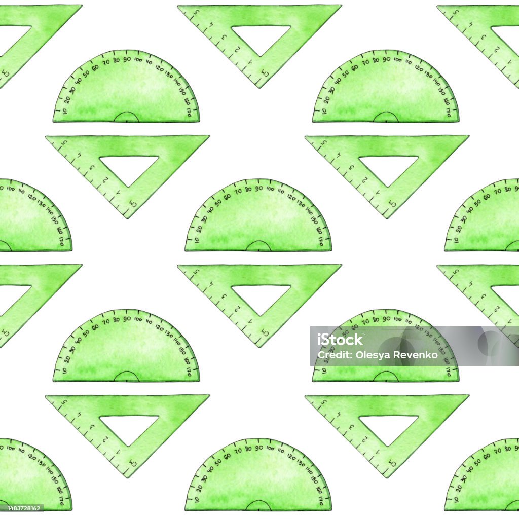 Pattern Green Ruler Triangle And Protractor Watercolor Stock ...