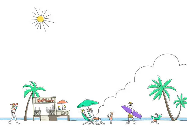Vector illustration of landscape of people having fun on the beach in summer