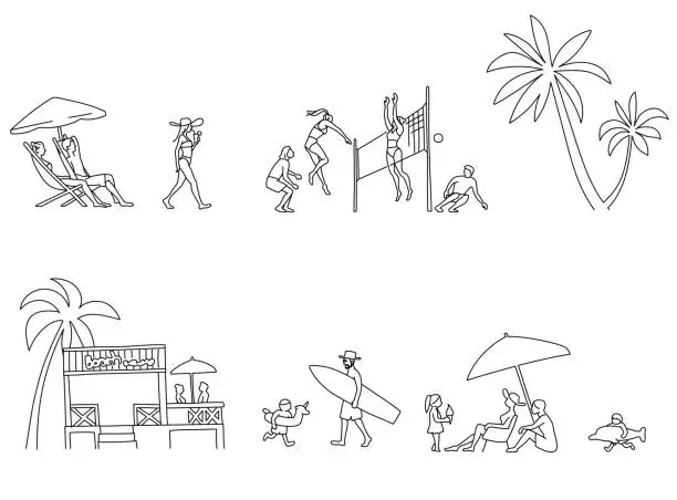 Vector illustration of Illustration set of people having fun on the beach in summer