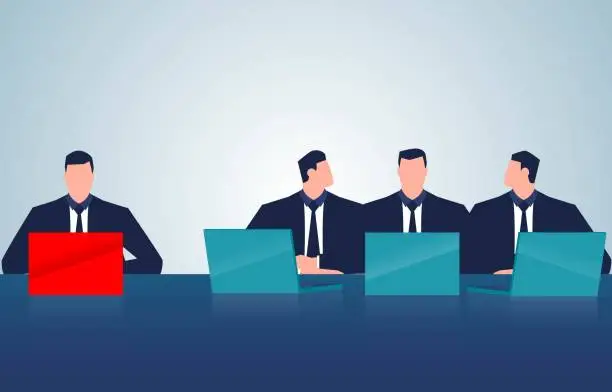 Vector illustration of Office politics, discordant business partnerships, difficult relationships, disunity, three businessmen discussing work isolating another businessman
