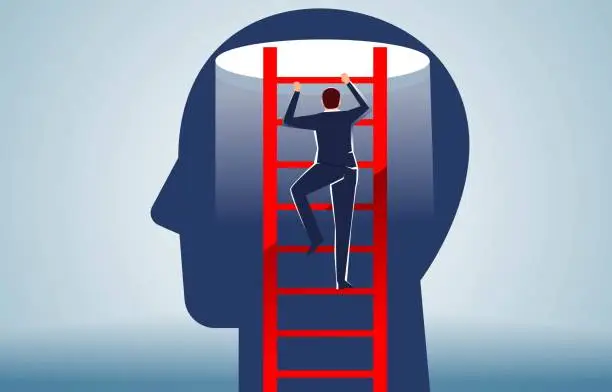 Vector illustration of Overcome difficulties, solve problems, break out of old thinking to develop new ideas and thinking, mental or psychological barriers, businessmen climbing ladders to escape from inside the brain