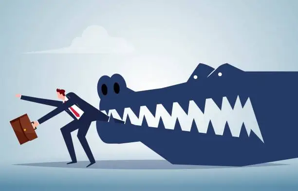 Vector illustration of Risky attack, seeking survival and opportunity under crisis and risk, investment risk or crisis, terrified businessman bitten by vicious crocodile and trying to escape