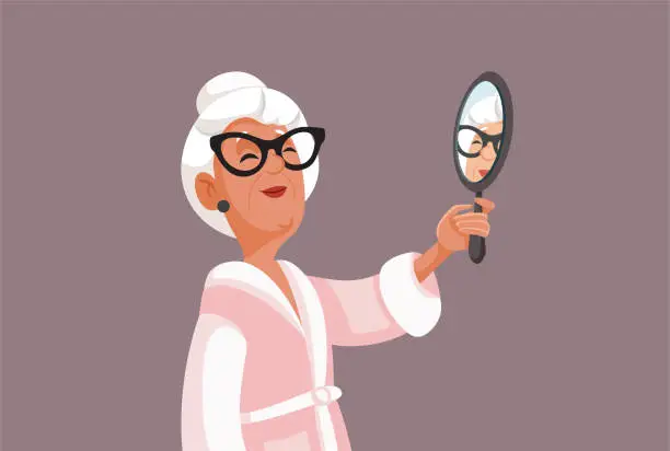 Vector illustration of Senior Grandma Looking Gorgeous Checking Herself in the Mirror Vector Illustration