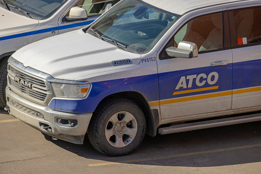 Edmonton, Alberta, Canada. Apr 20, 2023. A close up to an ATCO truck vehicle.