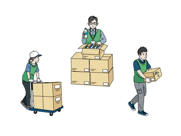 Vector illustration of Volunteer work to transport relief supplies