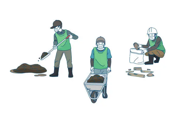 Vector illustration of Disaster relief volunteers removing debris and mud