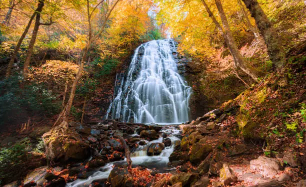 Photo of Crabtree Falls on Blue Ridge Parkway in Fall season.