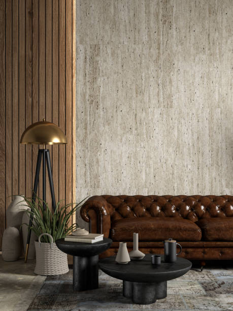 istock Interior with brown leather chester sofa, stone wall panel and decor. 3d render illustration mockup. 1483738222