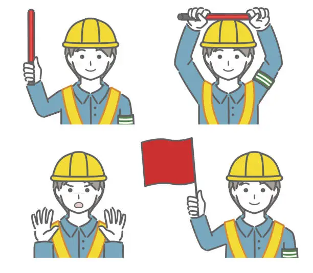 Vector illustration of Young male traffic guard giving hand sign