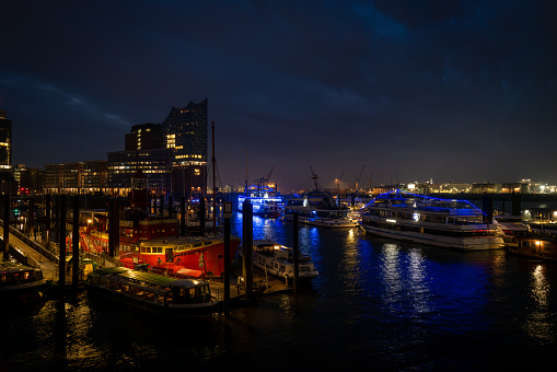 The illuminated port of Hamburg at night