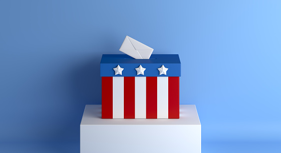 USA election day, vote concept with ballot, box slot envelope, America flag color container wide background, banner, copy space, 3d rendering illustration