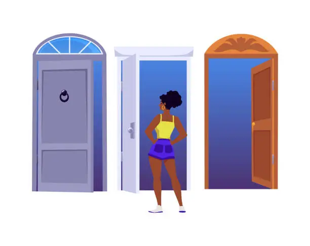Vector illustration of Young woman in front of doors as metaphor of way choice, flat vector isolated.
