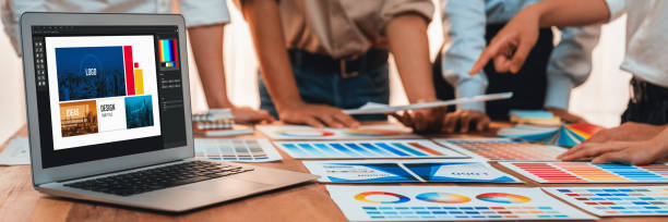 istock Graphic designer brainstorming logo and graphic arts at workshop. Scrutinize 1483741897