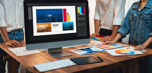 istock Graphic designer brainstorming logo and graphic arts at workshop. Scrutinize 1483744841