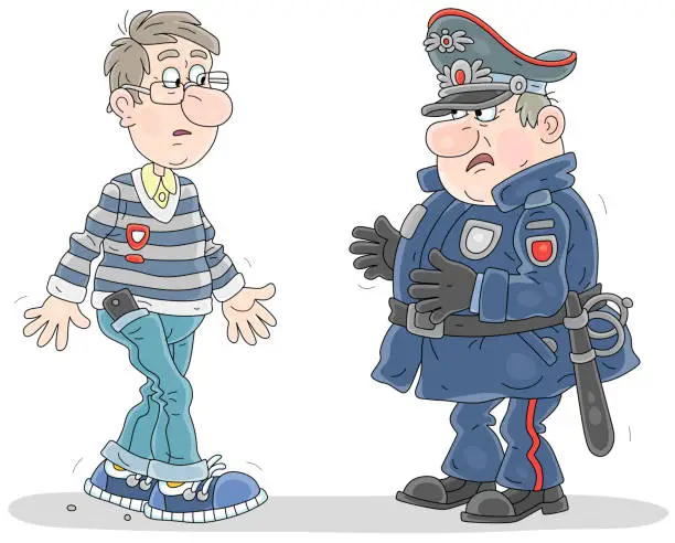 Vector illustration of Perplexed boy and a suspicious policeman