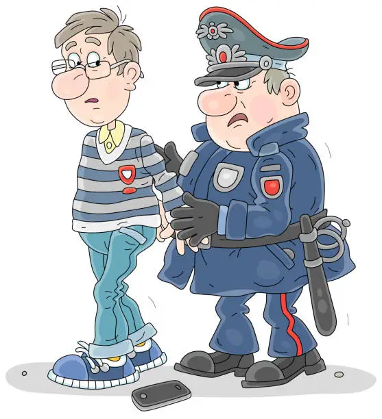 Vector illustration of Suspicious policeman arresting a perplexed guy