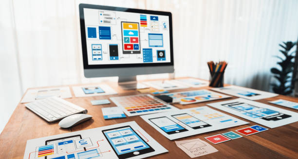 istock Digital wireframe design for web or mobile app UI on laptop. Scrutinize 1483748076
