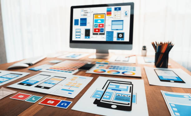 istock Digital wireframe design for web or mobile app UI on laptop. Scrutinize 1483748145