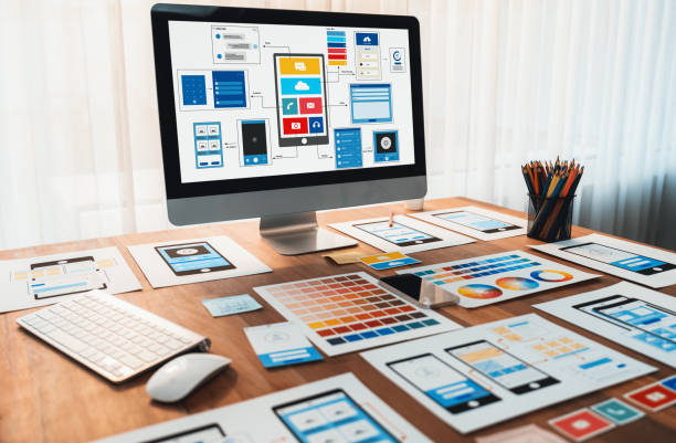 istock Digital wireframe design for web or mobile app UI on laptop. Scrutinize 1483748196