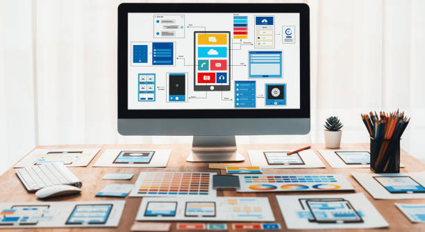 istock Digital wireframe design for web or mobile app UI on laptop. Scrutinize 1483748248