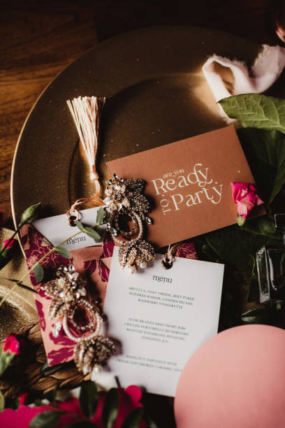 istock Close up of menu and wedding details from above 1483749413