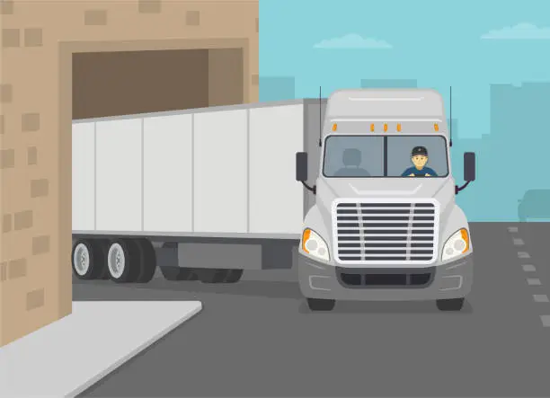 Vector illustration of White semi-trailer going through the building arch. Truck turning right on a city road.