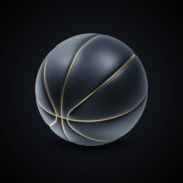 istock Basket ball in black color with gold stripes on black background 1483754229