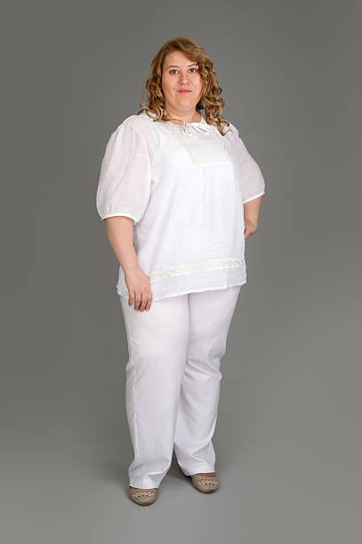 istock smiling fat woman on gray background 148375598