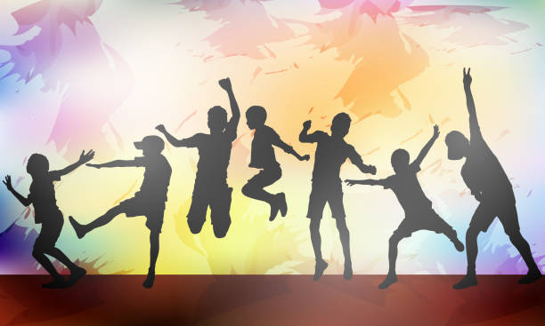 tańczące sylwetki dzieci na tle grunge'u - child silhouette pre adolescent child youth culture stock illustrations