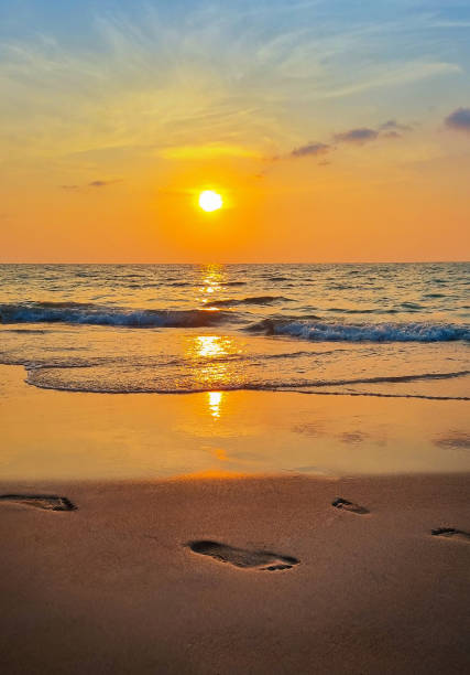 istock Sandy beach with footprints in the evening on sea coastline with bright orange sunset on cloudy sky 1483759974