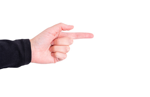 Close-up view of a hand with a pointing finger gesturing on a clean white background.