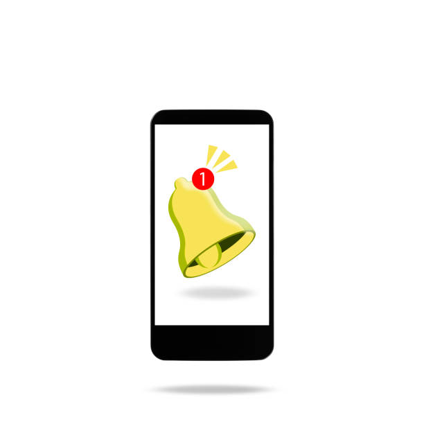 Close-up of black smartphone with reminder bell notification mockup on white background.