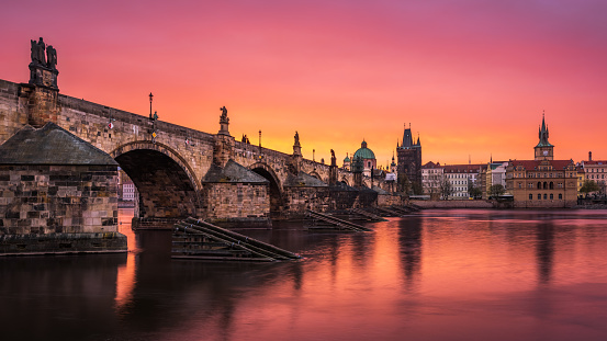 Night view of Charles Bridge and St. Vitus Cathedral  in Prague.