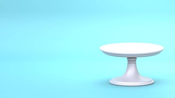 istock White cake stand 3d render on blue background. Empty dessert platter for birthday dishes. Plate tray podium for party. 1483763901