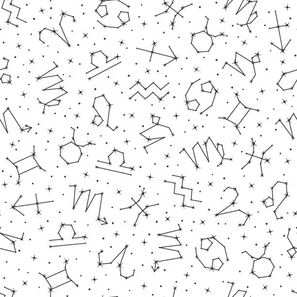 Vector illustration of Zodiac signs seamless pattern, stars and constellations repeating print on white background