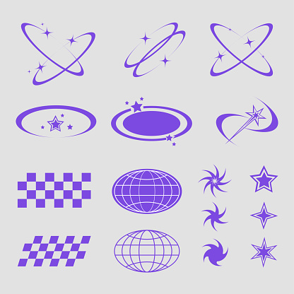 abstract shape element for street wear and y2k t shirt design, purple globe, star, oval sparkle star