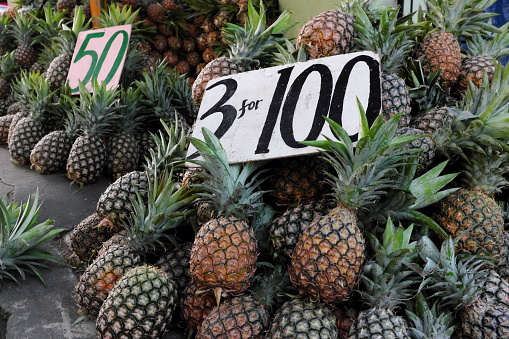 Heap of fresh pineapples sold in beside the street in Calauan, Laguna, Philippines.