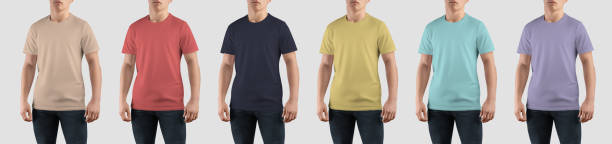istock Bright t-shirt template on athletic guy in jeans, isolated on background, front view. 1483767091