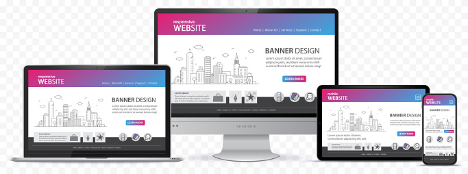 Responsive website design with desktop and mobile devices mockups.