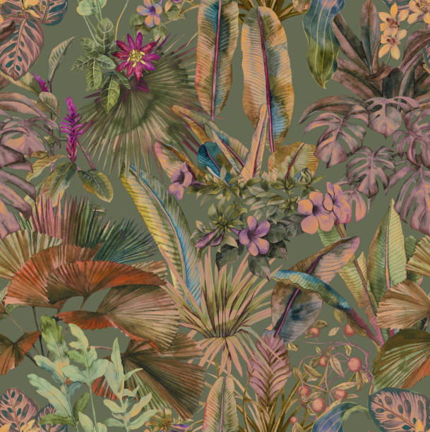 istock Tropical botanical wallpaper. Seamless pattern with tropical leaves and flowers. Stock illustration painted in watercolor 1483768591